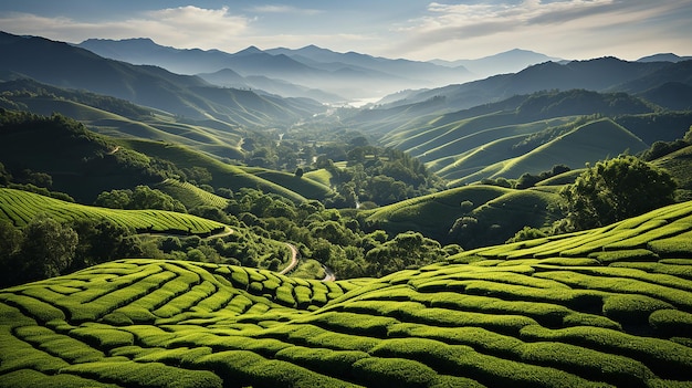Plantações bem cuidadas de tapeçaria de chá nas colinas da beleza