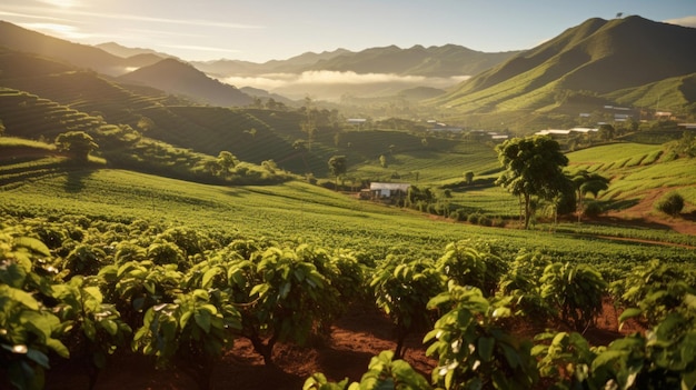 Plantações de café na América do Sul com montanhas