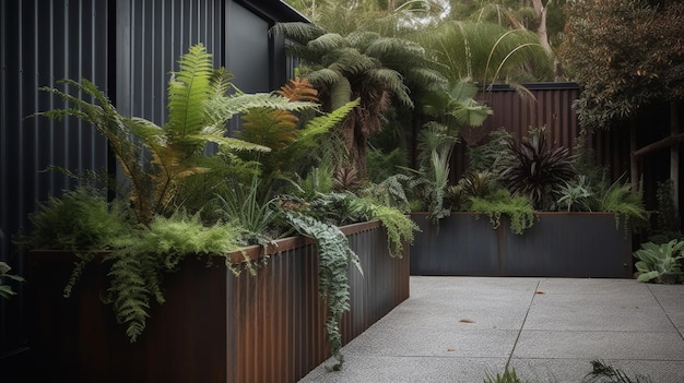 Plantadoras de aço pós-industriais com plantas verticais altas geradas por IA