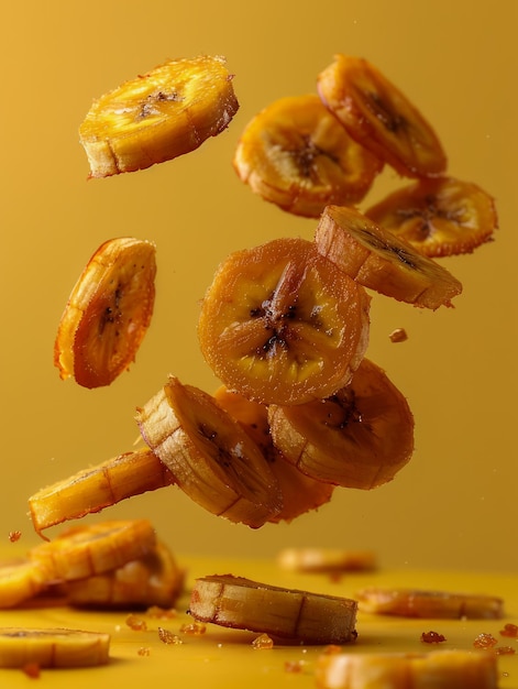 Plantañas maduras recién cortadas flotando en el aire sobre un fondo amarillo vibrante para conceptos culinarios