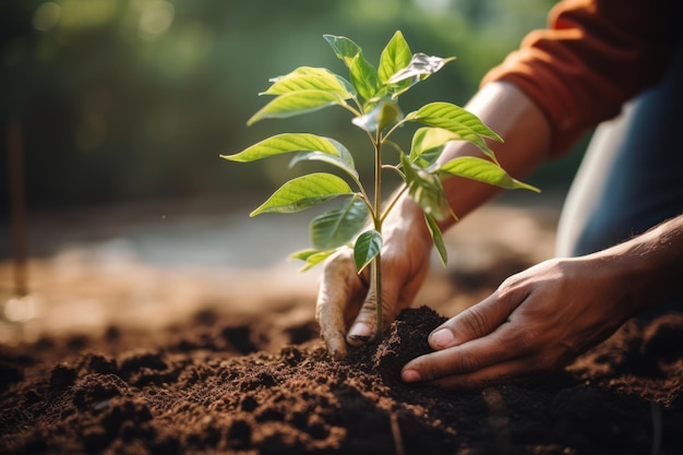 plantando un árbol frondoso con las manos en el suelo al fondo