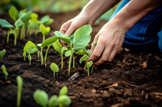 Plantando manualmente sementes de abóbora na horta