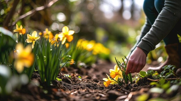 Plantando narcisos num jardim vibrante