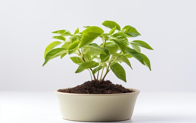 Plantando uma muda de limão em uma tigela branca