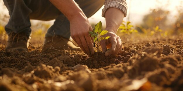 Plantar un árbol joven al atardecer