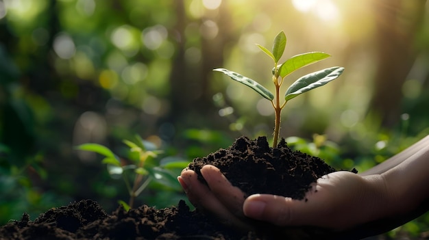 Plantar un árbol en la naturaleza es un gesto de protección del medio ambiente y cumplimiento de las normas ESG en el bosque verde