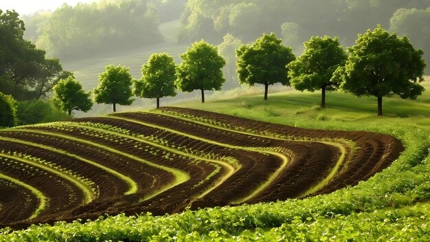 Foto plantar árboles en filas curvas una estrategia para prevenir la erosión y retener el agua concepto control de la erosión retención del agua plantar árboles estabilización de la tierra agricultura sostenible