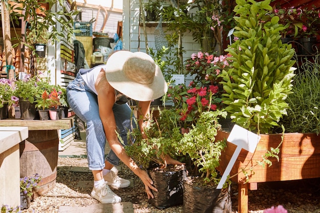 Plantar flores e mulheres com jardinagem de pequenas empresas para sustentabilidade ecológica e indústria floral trabalhando no crescimento verde Vendedor de jardinagem ou fornecedor de flores ou plantas venda de primavera