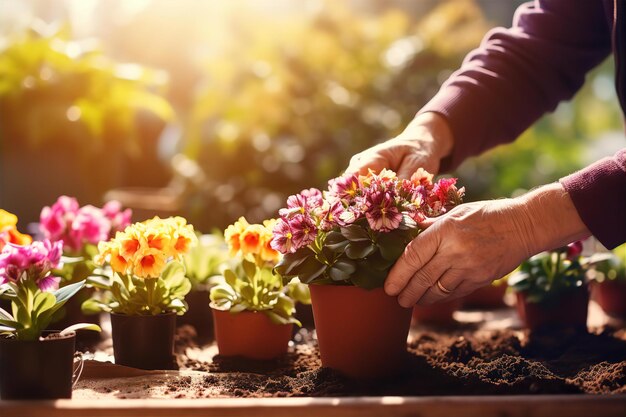 Plantar flores en una maceta con luz solar