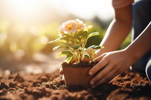 Plantar flores en una maceta con luz solar