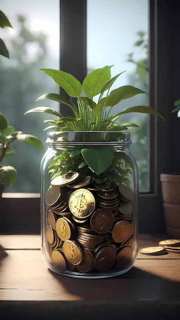 Plantar en un frasco con monedas concepto de idea de planificación financiera Crecimiento de ahorros e inversiones