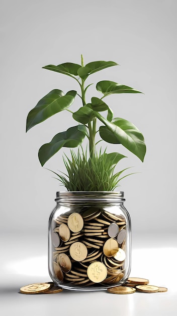 Plantar en un frasco con monedas concepto de idea de planificación financiera Crecimiento de ahorros e inversiones
