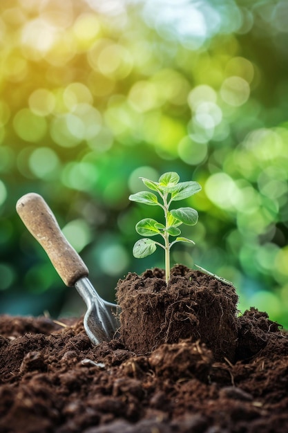 Plantar una pequeña planta en un montón de tierra con herramientas de jardinería en fondo verde bokeh realista