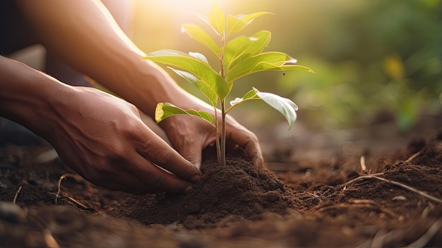 Plantar plántulas de árboles a mano simboliza el crecimiento y la renovación de la atmósfera forestal