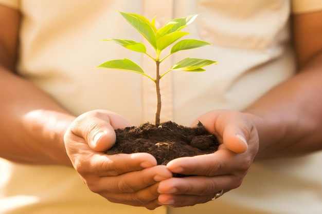 Plantar plántulas en crecimiento en la mano Bokeh fondo verde en el campo de la naturaleza bosque de hierba