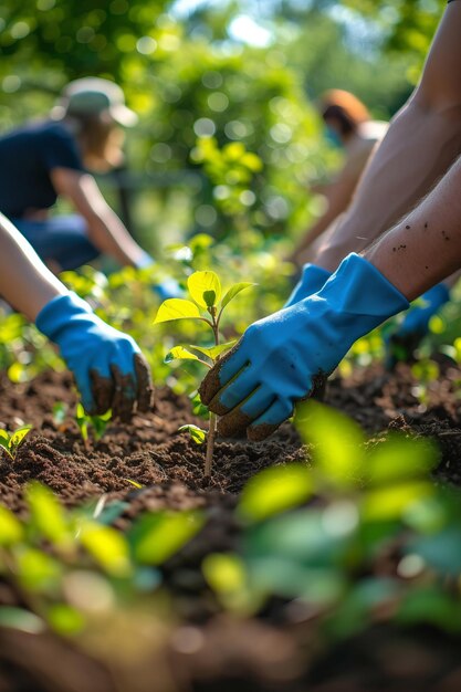 Plantar uma árvore com luvas azuis