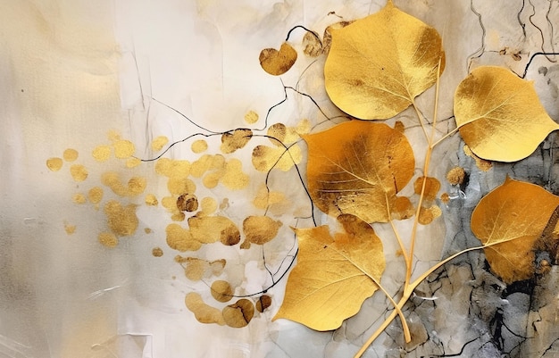 Plantas abstractas pinturas al óleo flores hojas plumas elemento dorado.