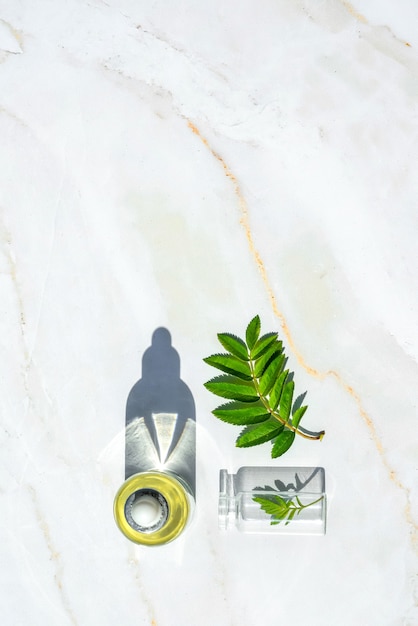 Plantas de aceite, suero y botellas homeopáticas sobre mármol. cosmética natural para el cuidado de la piel