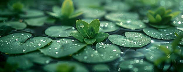 Plantas acuáticas adornadas con gotas relucientes que muestran la belleza tranquila de la naturaleza Concepto Fotografía de la naturaleza Gotas de agua Vida vegetal Calma belleza de la naturaleza