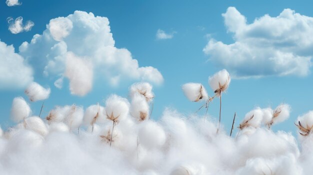 Plantas de algodón con bolas de algodó contra el cielo azul con nubes x9