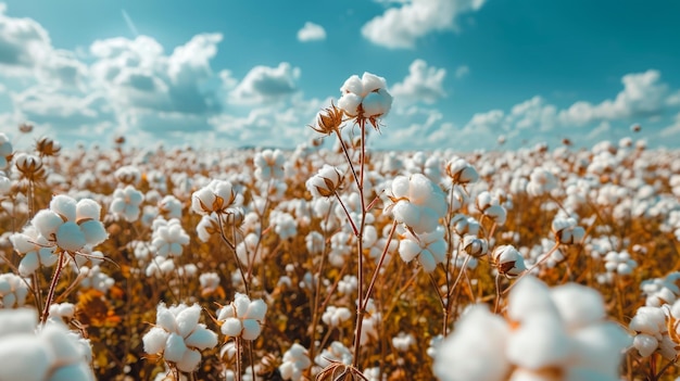 Plantas de algodón en el campo bajo un cielo azul
