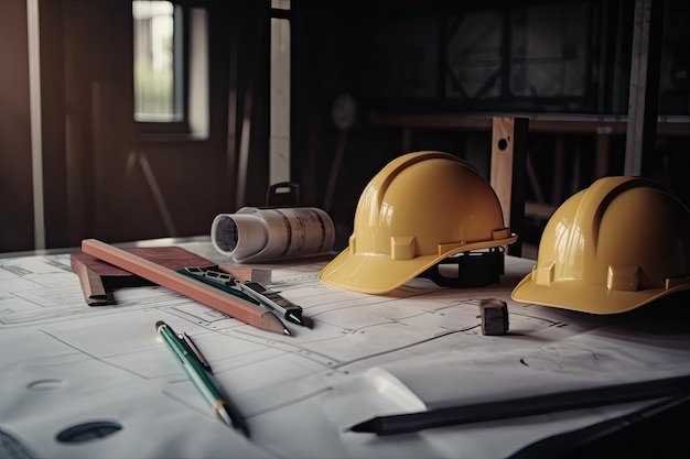 Plantas arquitetônicas e capacete amarelo na mesa com espaço para cópia Plantas de construção e design de artigos de papelaria gerados por IA