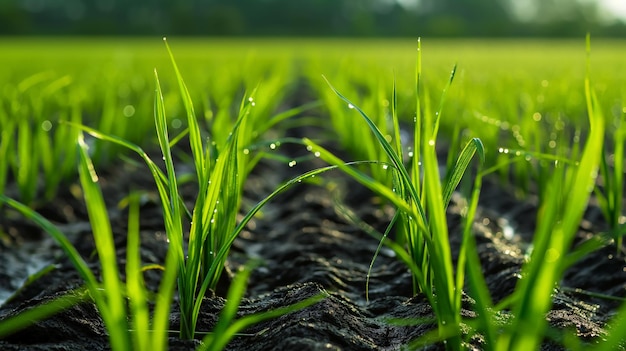 Plantas de arroz jóvenes en un campo a la luz del amanecer haciendo hincapié en la sostenibilidad y el crecimiento