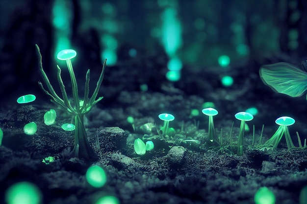 Plantas de bioluminiscencia que brillan intensamente en el bosque ilustración 3d