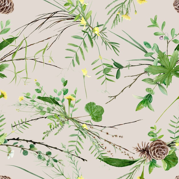 Plantas del bosque de acuarela sobre fondo beige