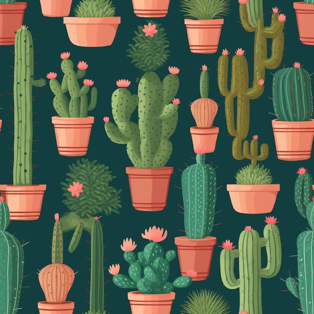 plantas de cactus en macetas sobre un fondo verde oscuro generativo ai