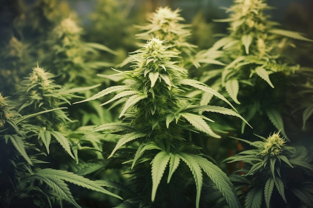 Las plantas de cannabis adultas con cogollos grandes prosperan en el interior de una granja de cannabis cubierta