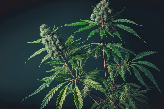 Plantas de cannabis arriba con panoja floreciente sobre fondo verde oscuro