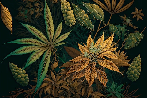 Plantas de cannabis hojas y flores en tonos verde canela