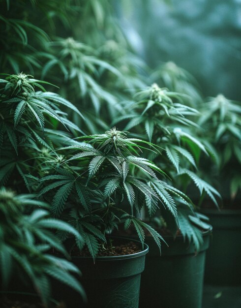 Plantas de cannabis en maceta que crecen en invernadero