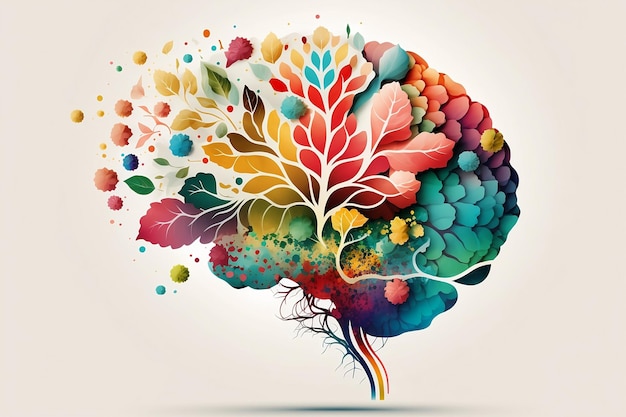 Plantas coloridas cerebro humano Concepto de salud mental Hojas sobre fondo de papel blanco dibujado moderno Imagen generada por IA Elementos de diseño de plantilla Arte botánico en flor