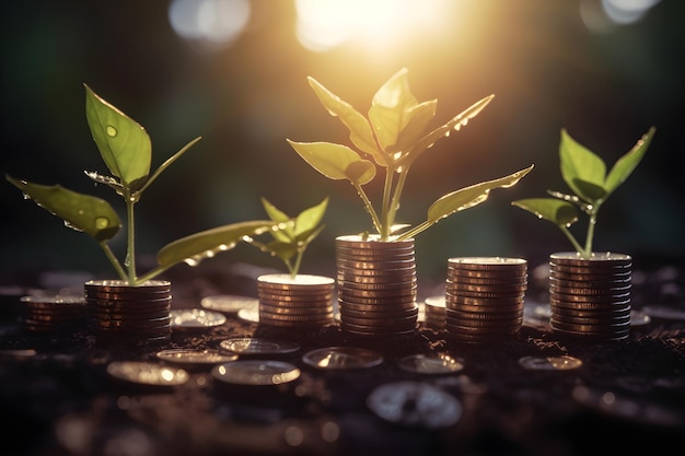 Plantas crescendo de uma pilha de moedas