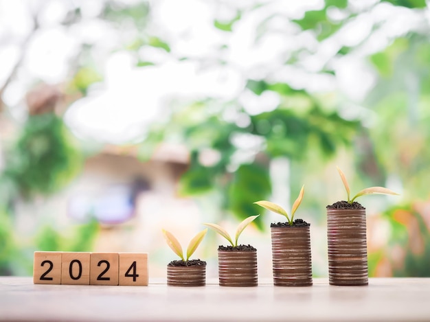 Plantas crescendo em pilhas de moedas e blocos de madeira com o número 2024 O conceito de economizar dinheiro para se preparar no ano novo de 2024