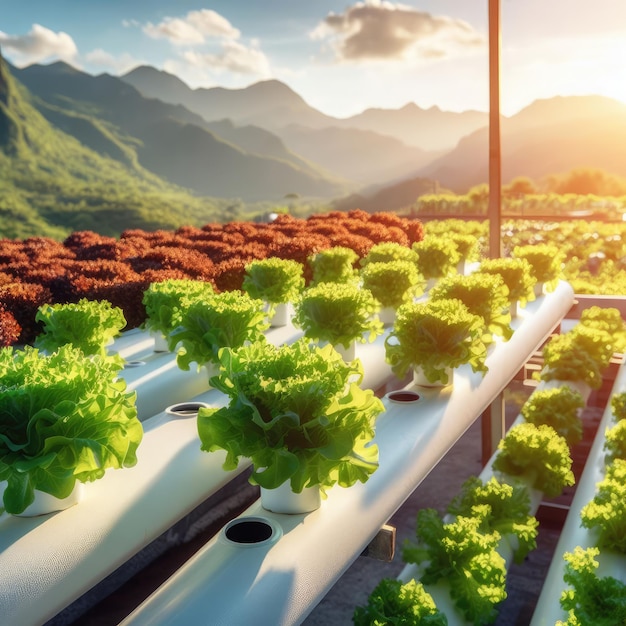 Plantas cultivadas en hidroponía a la luz del sol.