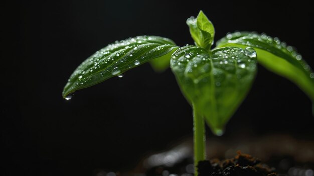 Plantas de abóbora de perto com gotas de água em fundo preto