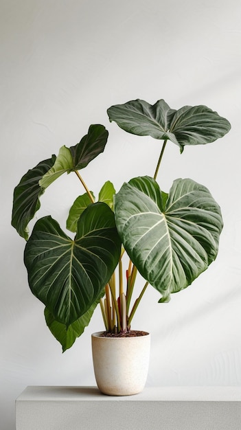 Plantas de alocasia Planta verde elegante em vasos de cerâmica em suporte de madeira sobre fundo de IA generativa