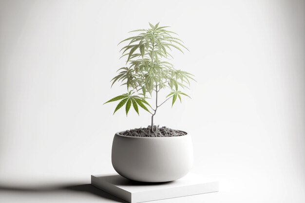 Plantas de cannabis crescendo em vaso em fundo cinza claro