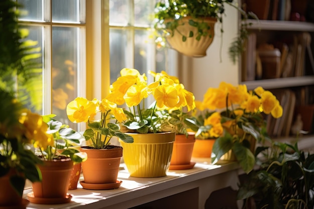 Plantas de casa sendo cultivadas em vasos dentro de casa uma janela ensolarada enfeitada com cortinas amarelas e...