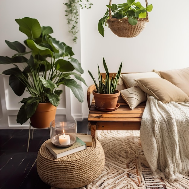 Foto plantas de casa verdes interiores de quarto estilo boho e decoração natural para casa