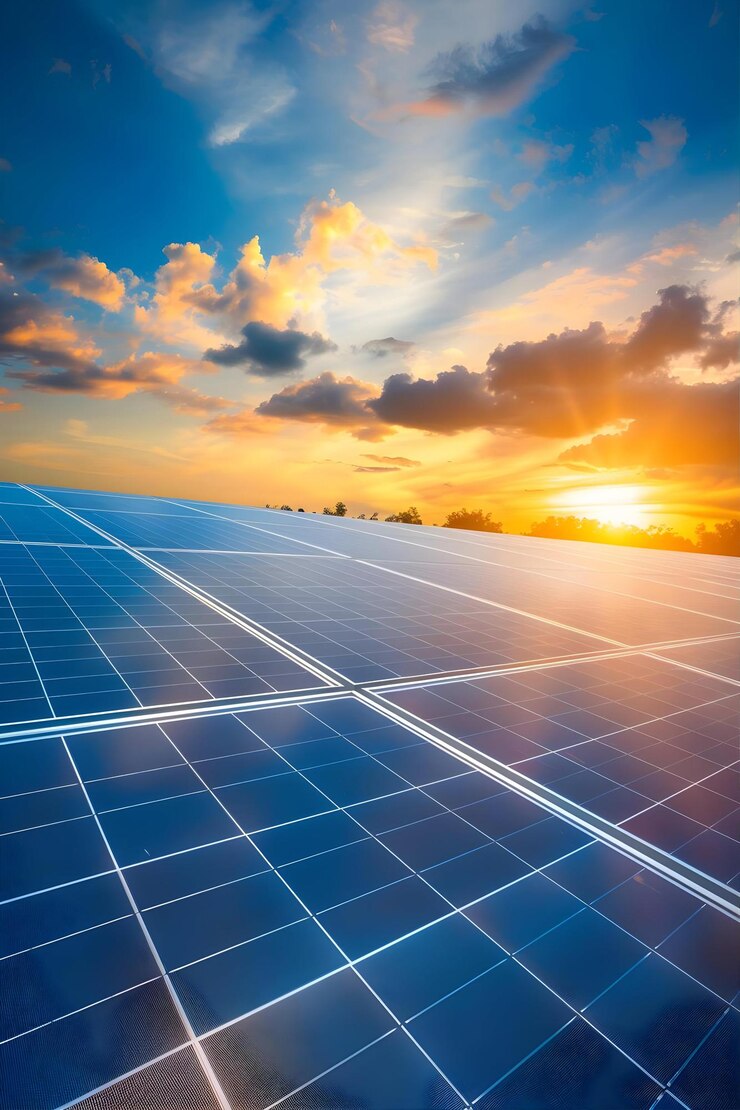 Plantas de energia solar Painéis solares no céu Fonte de energia alternativa