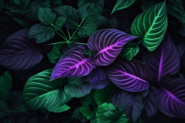 Plantas de folhas tropicais verdes em roxo escuro como fundo floral generativo ai