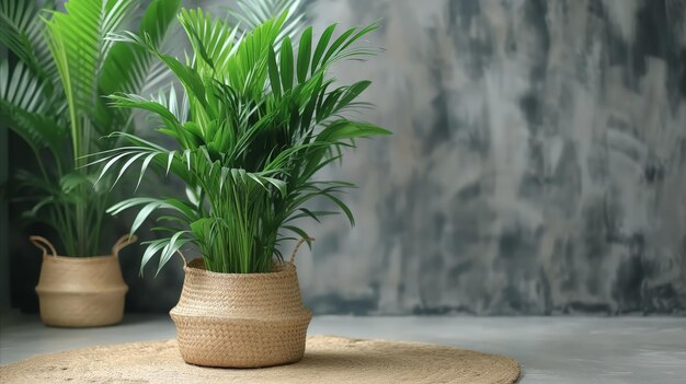 Plantas de interior em cestas tecidas em um tapete de juta contra uma parede de concreto