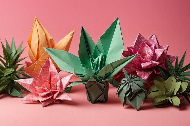 Foto plantas de papel exóticas de origami em fundo rosa