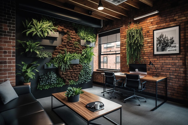 Plantas de parede de tijolo industrial de design de interiores de escritório