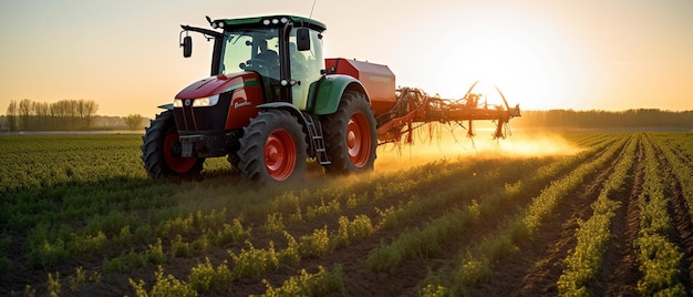 Plantas de pulverização de trator agrícola em um campo