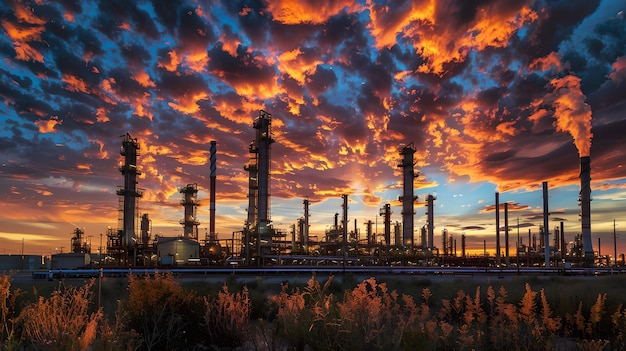 Plantas de refinaria industriais com chaminés altíssimos sob um céu de pôr-do-sol ardente Capturando a infraestrutura do setor de energia Paisagem dramática de nuvens acima de um símbolo da indústria AI